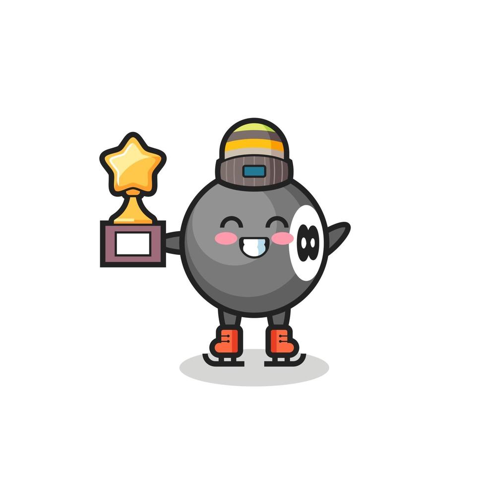 8 ball billiard cartoon as an ice skating player hold winner trophy