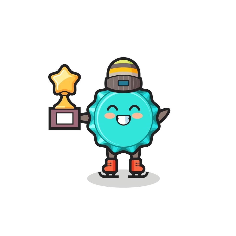 bottle cap cartoon as an ice skating player hold winner trophy vector
