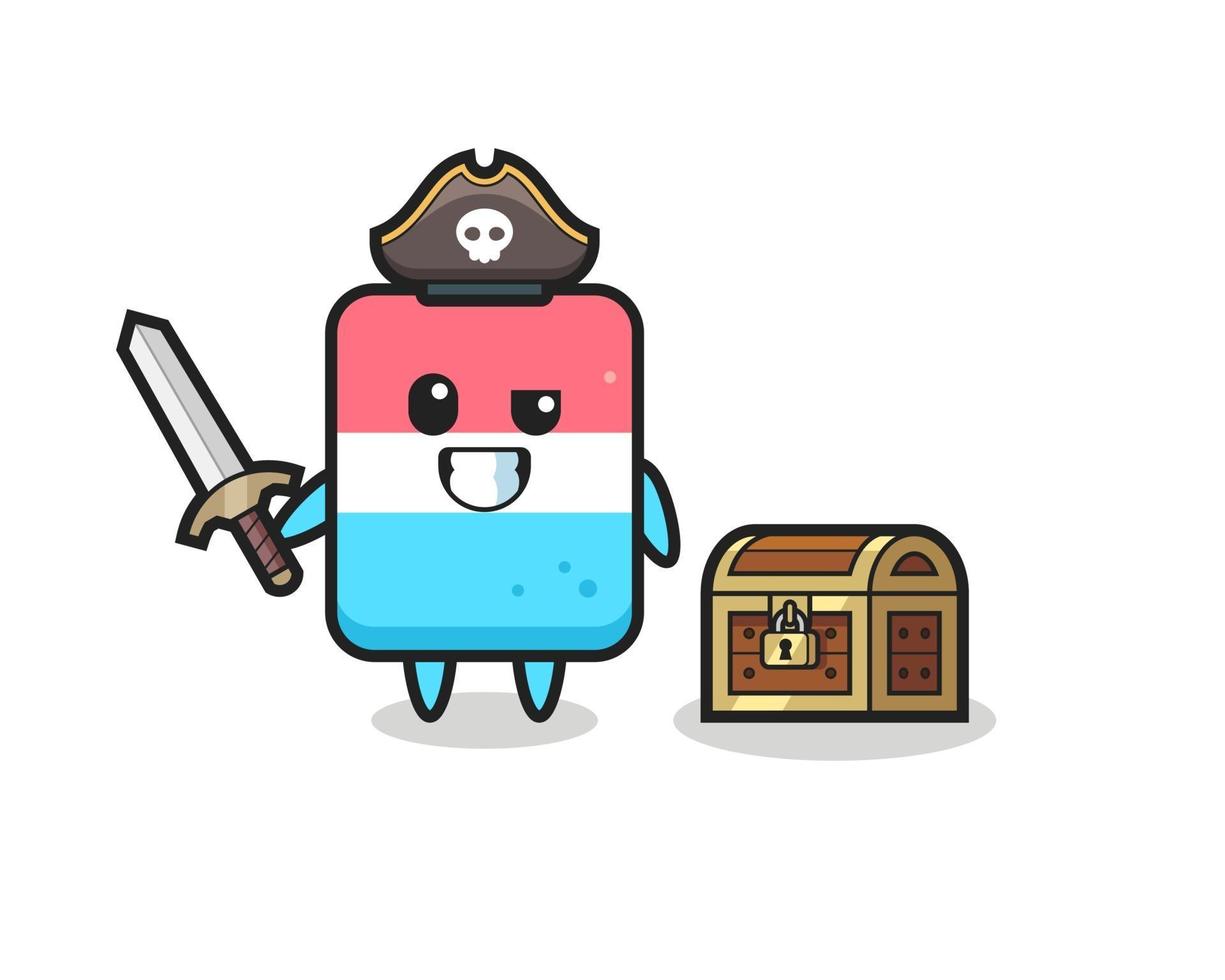 el personaje pirata del borrador que sostiene la espada al lado de un cofre del tesoro vector