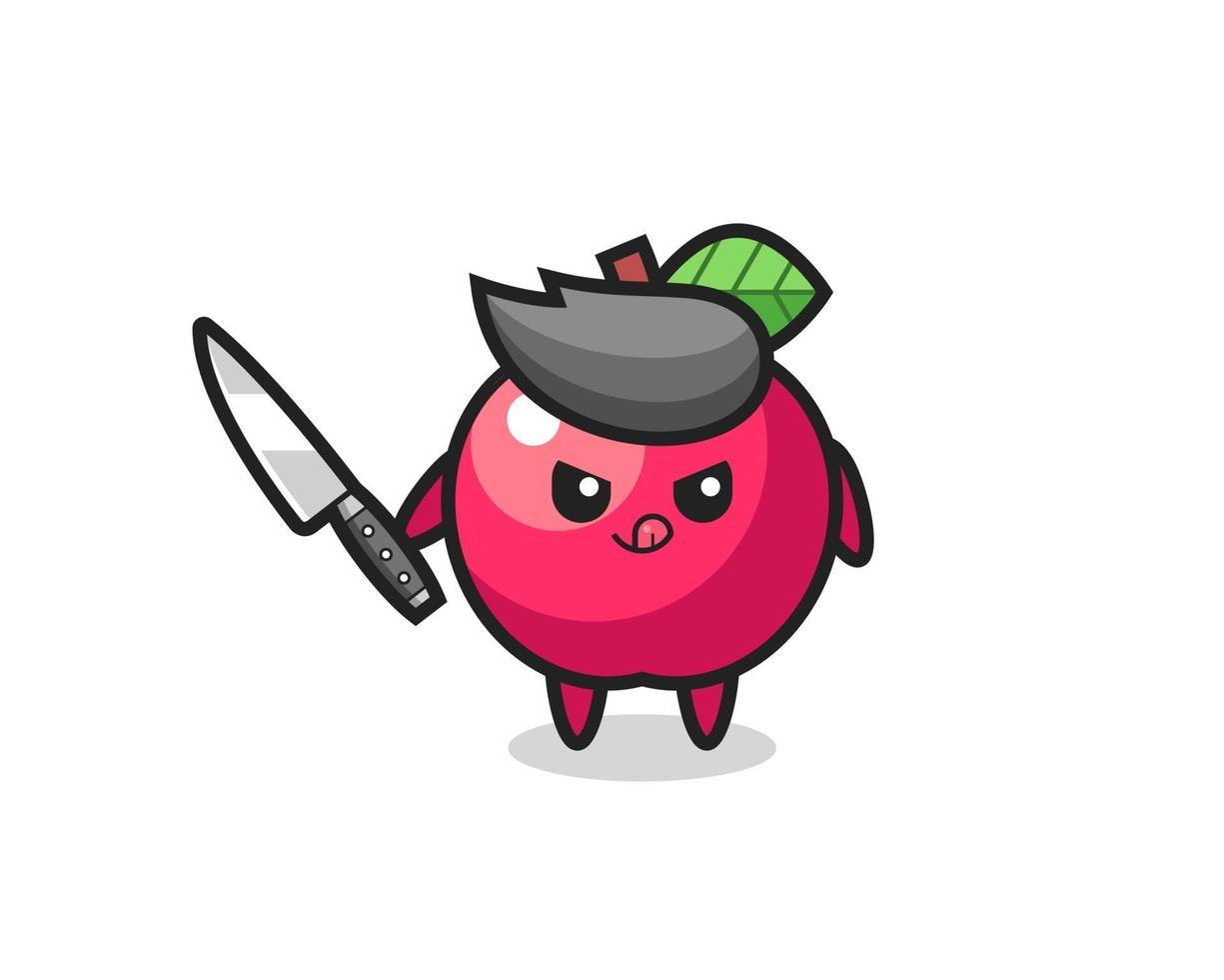 linda mascota de la manzana como un psicópata sosteniendo un cuchillo vector