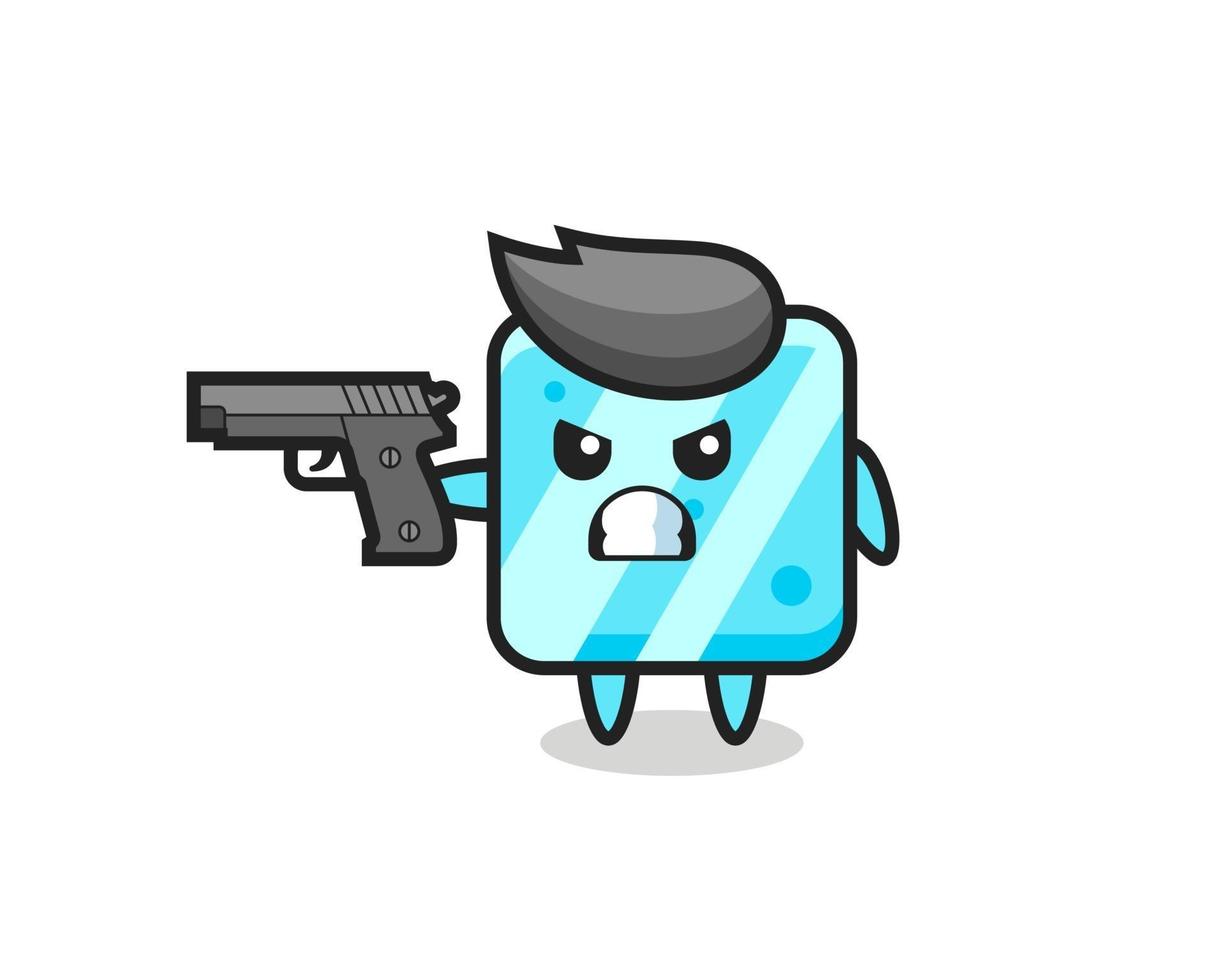 el lindo personaje del cubo de hielo dispara con una pistola vector