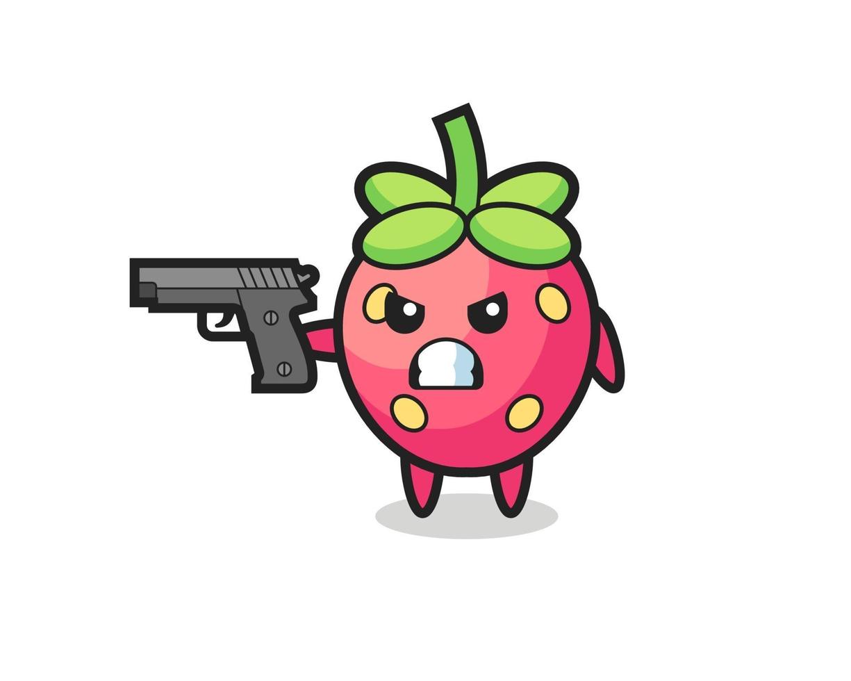 the cute strawberry character shoot with a gun vector