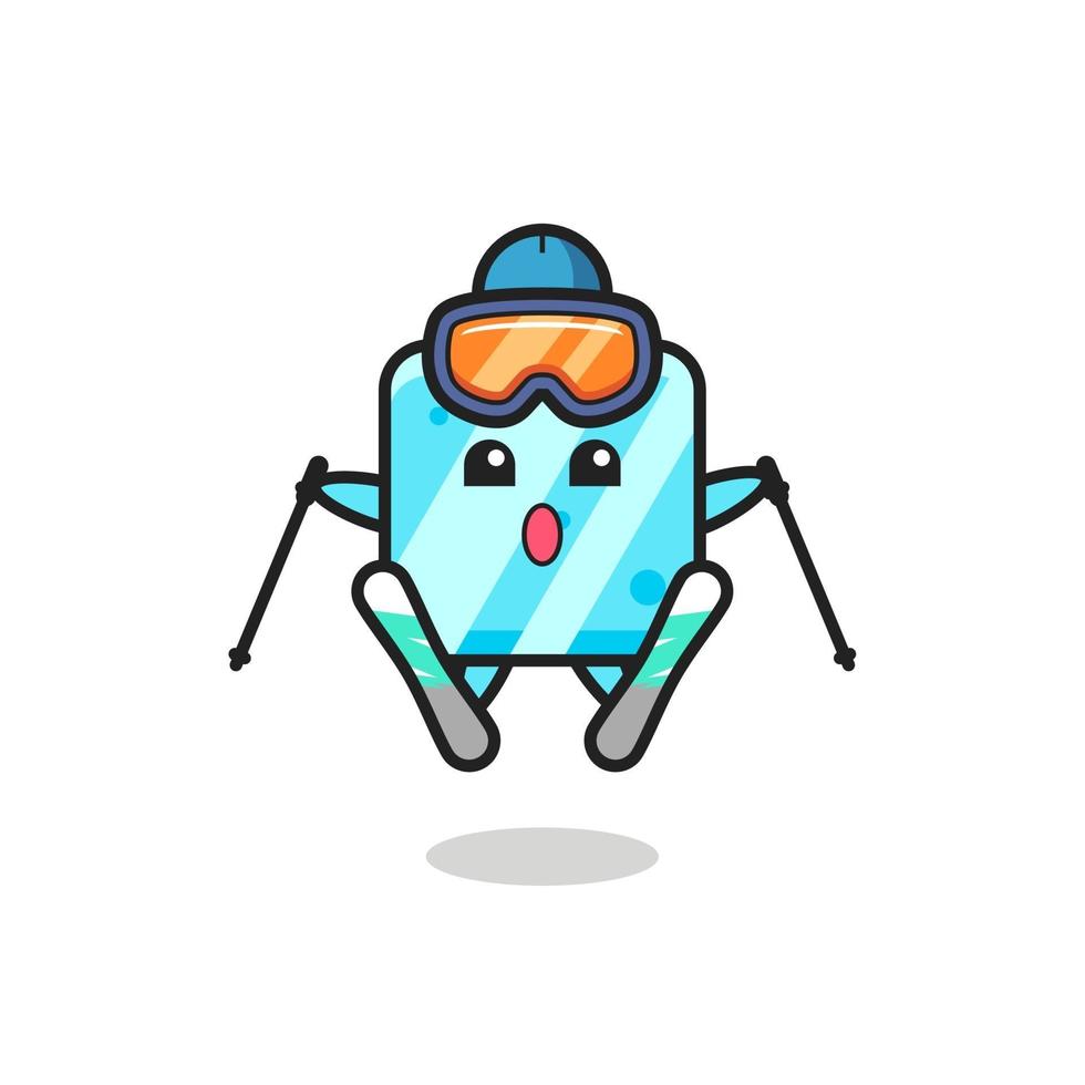 Personaje de mascota de cubo de hielo como jugador de esquí. vector