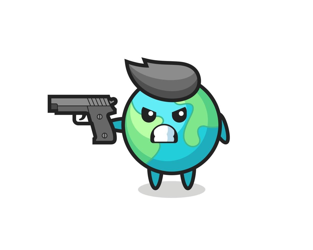 the cute earth character shoot with a gun vector