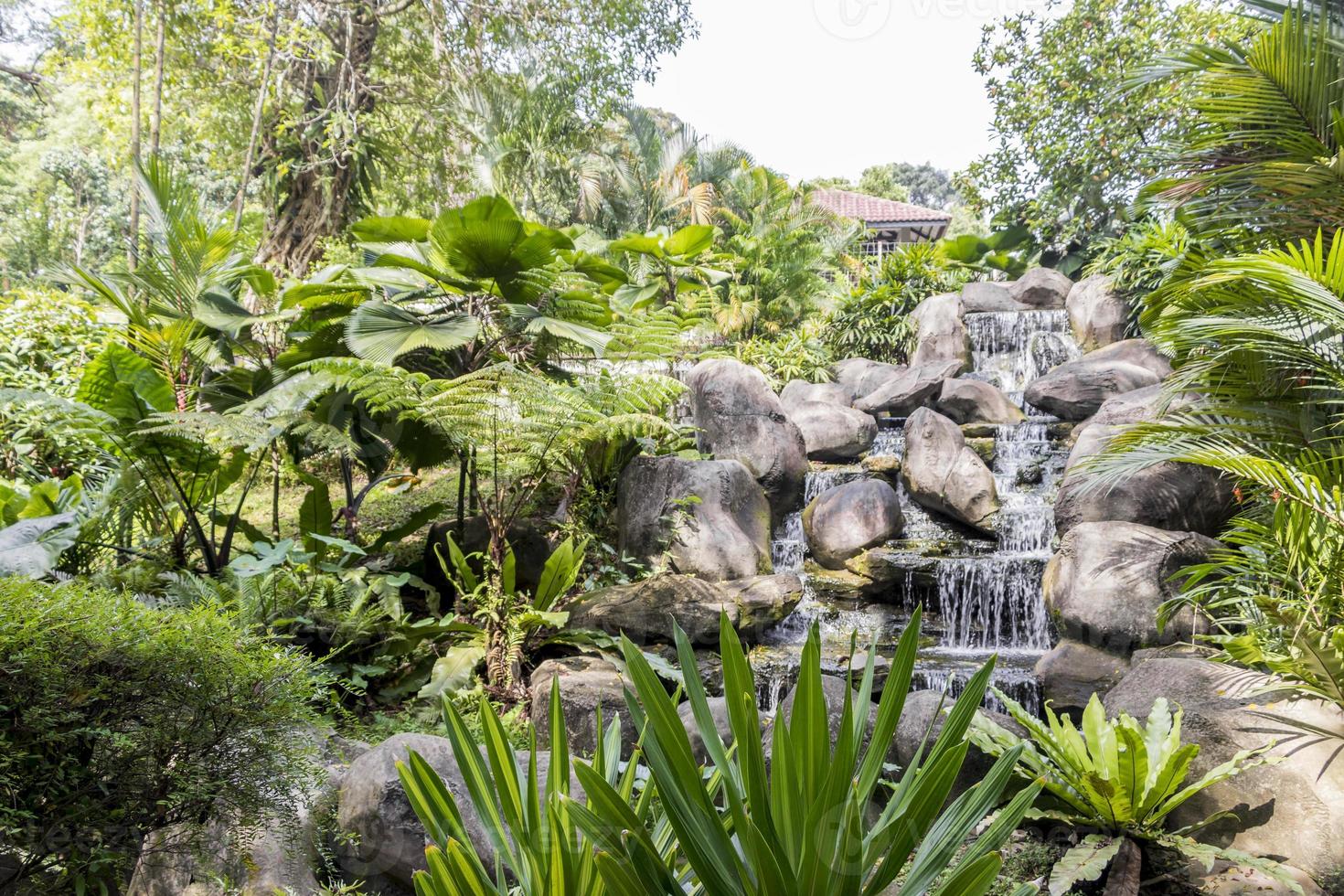 hermosa cascada tropical en los jardines del lago de malasia. foto