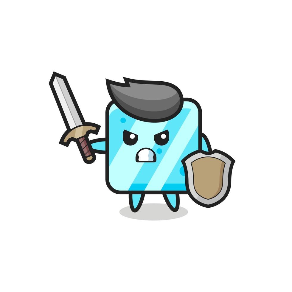 cute ice cube soldier fighting with sword and shield vector