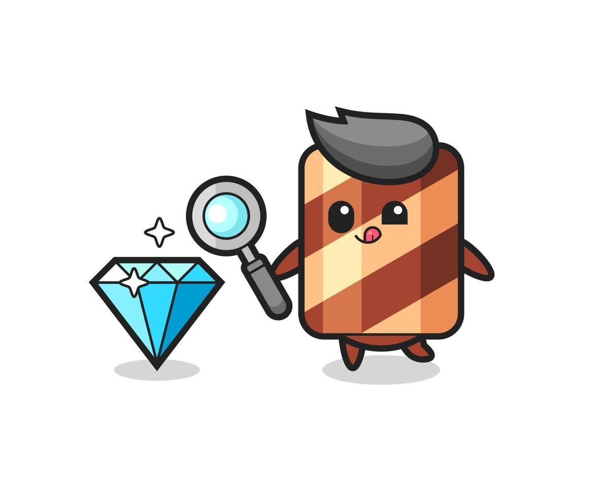 wafer roll mascot is checking the authenticity of a diamond vector