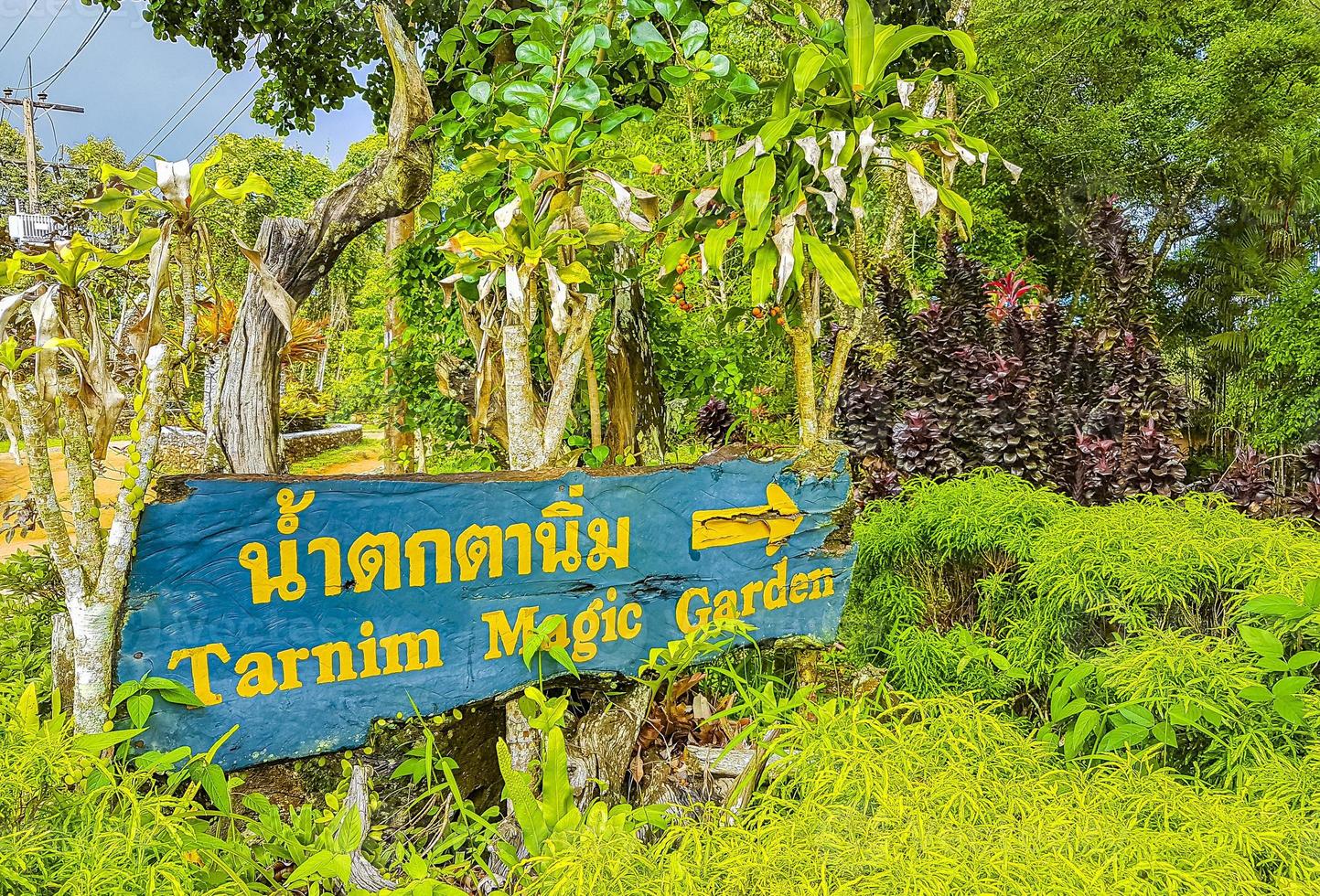 Señal de dirección Tarnim Magic Garden y cascada Koh Samui, Tailandia. foto