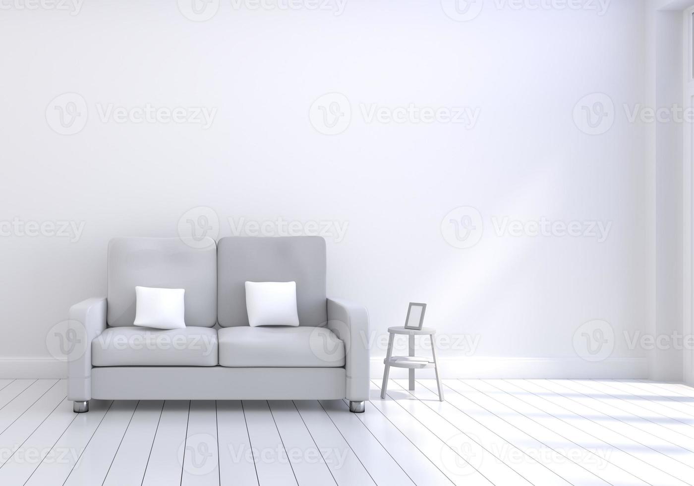 Diseño interior moderno de sala de estar con sofá gris con pared blanca foto