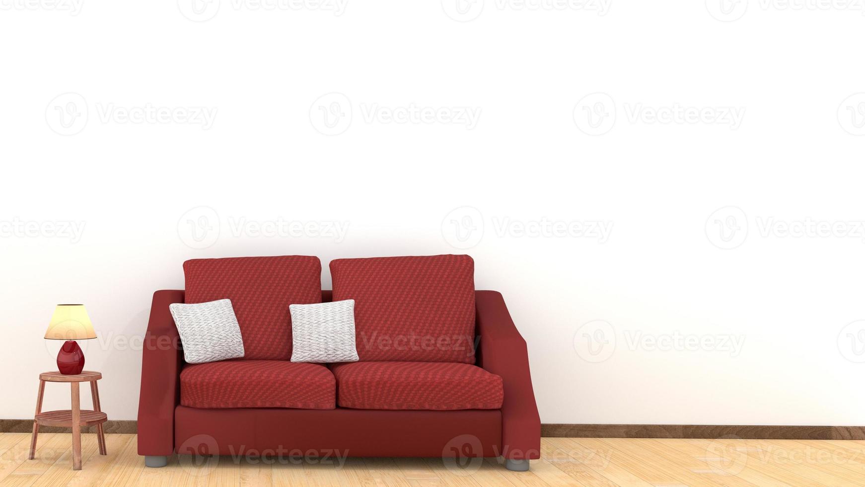 Diseño interior moderno de salón con sofá rojo sobre suelo de madera foto