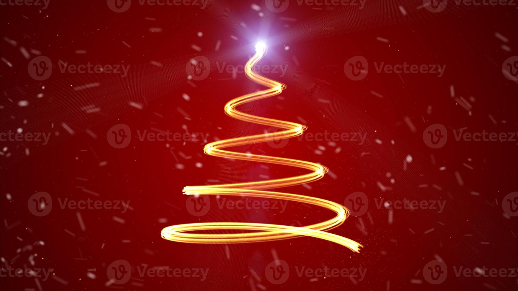 Golden particle glitter on christmas tree path shape on red background photo