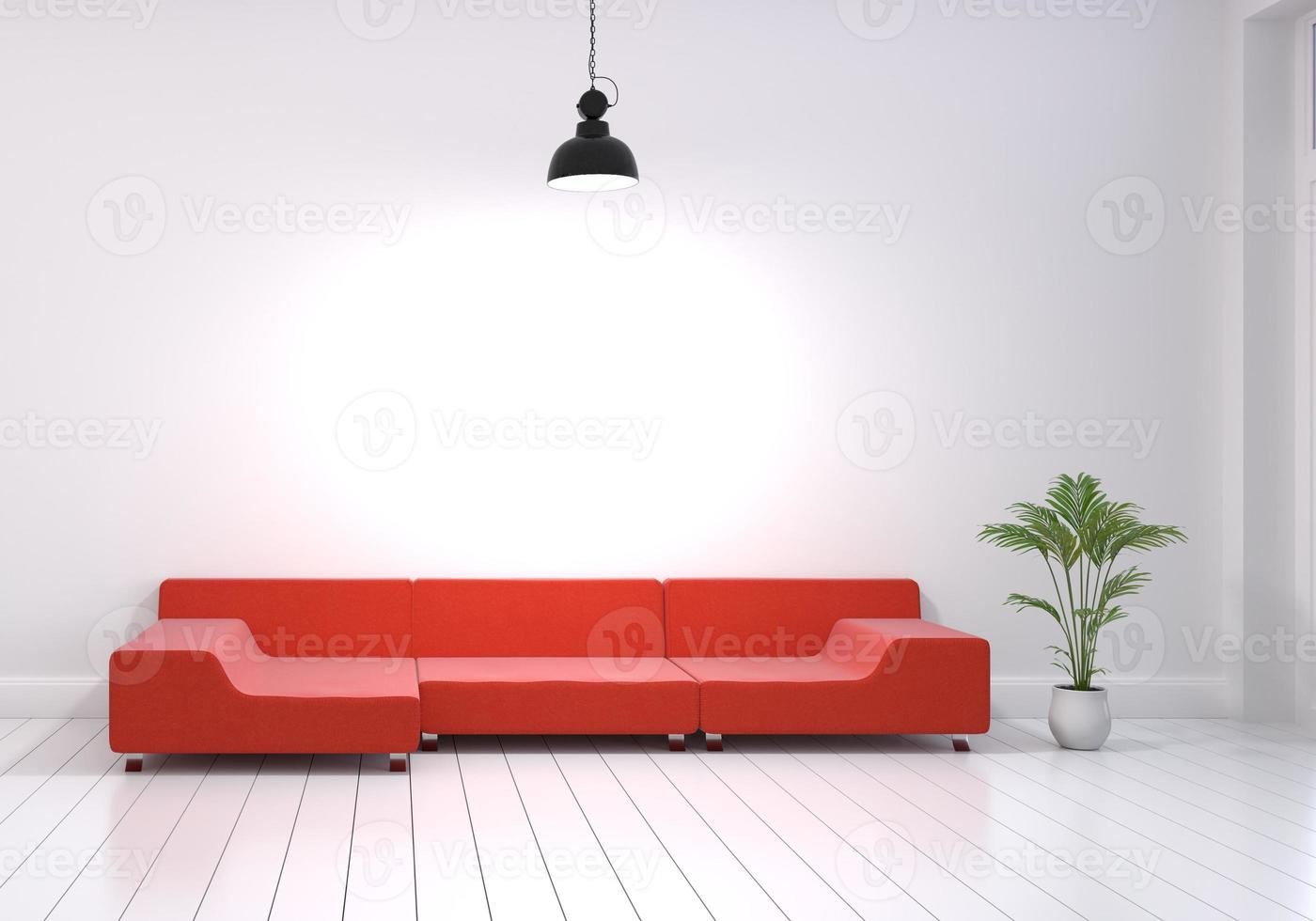 Modern interior design of living room with red sofa and plant pot photo