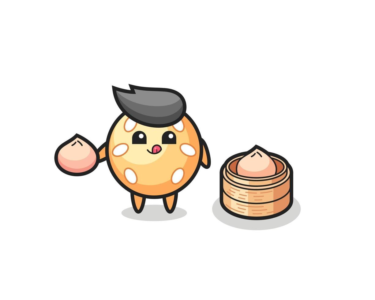 cute sesame ball character eating steamed buns vector
