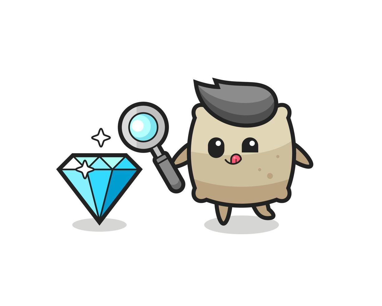 sack mascot is checking the authenticity of a diamond vector