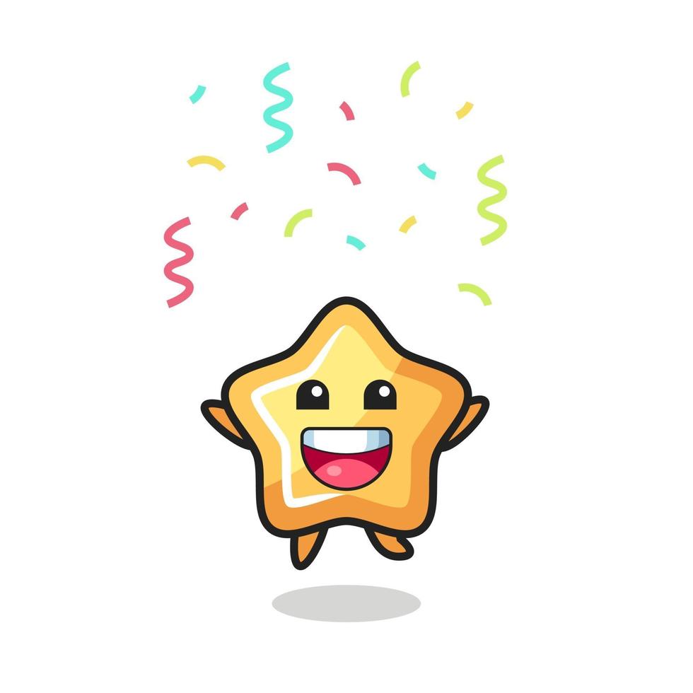 mascota estrella feliz saltando de felicitación con confeti de colores vector