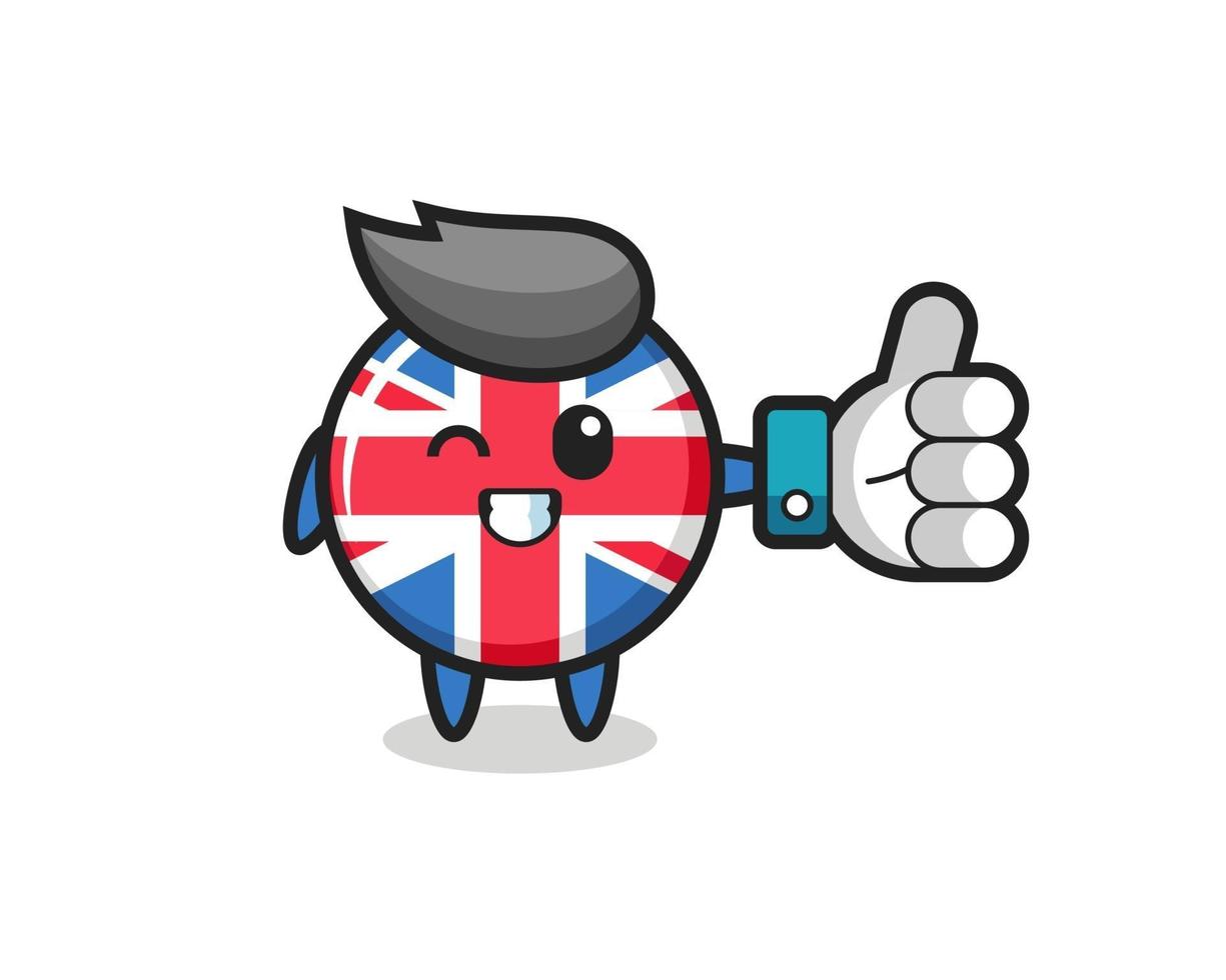 cute united kingdom flag badge with social media thumbs up symbol vector