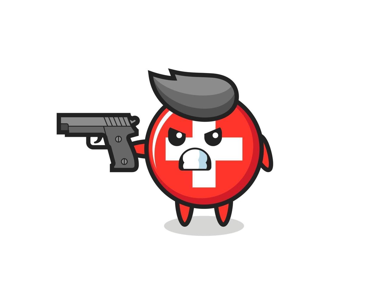 el lindo personaje de la insignia de la bandera de suiza dispara con una pistola vector