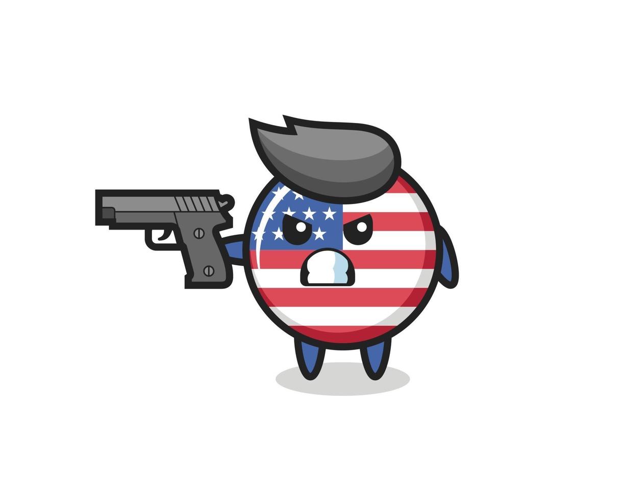 the cute united states flag badge character shoot with a gun vector