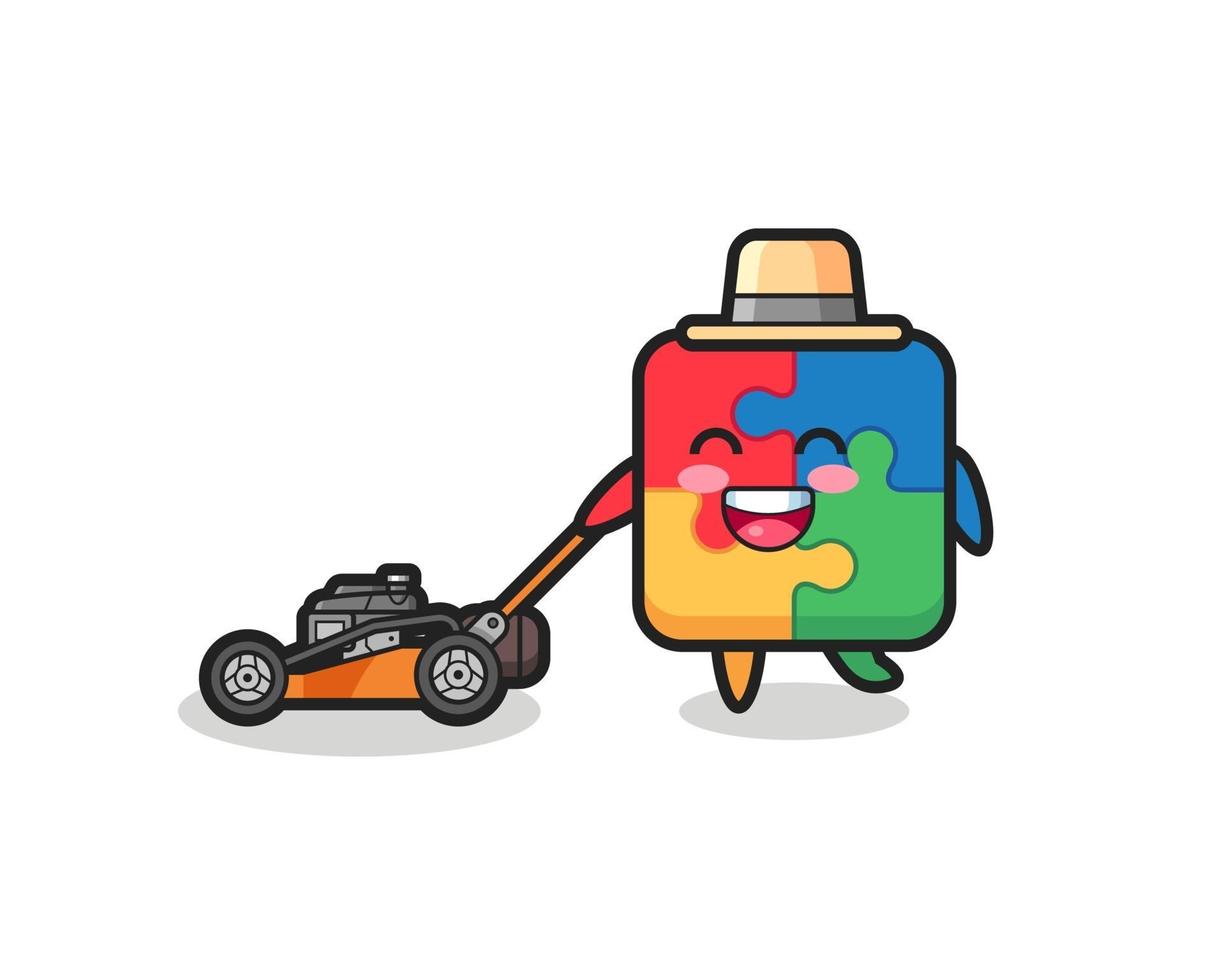 illustration of the puzzle character using lawn mower vector