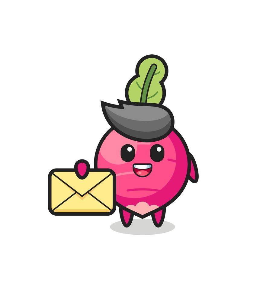 cartoon illustration of radish holding a yellow letter vector