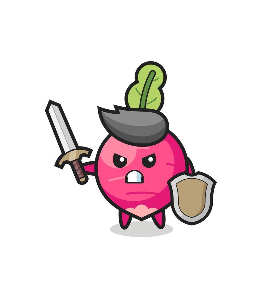 cute radish soldier fighting with sword and shield vector