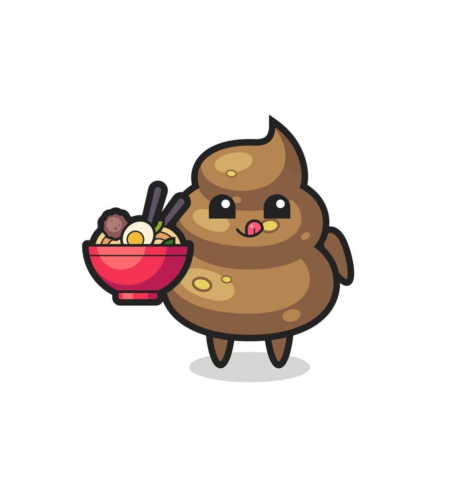 lindo personaje de caca comiendo fideos vector