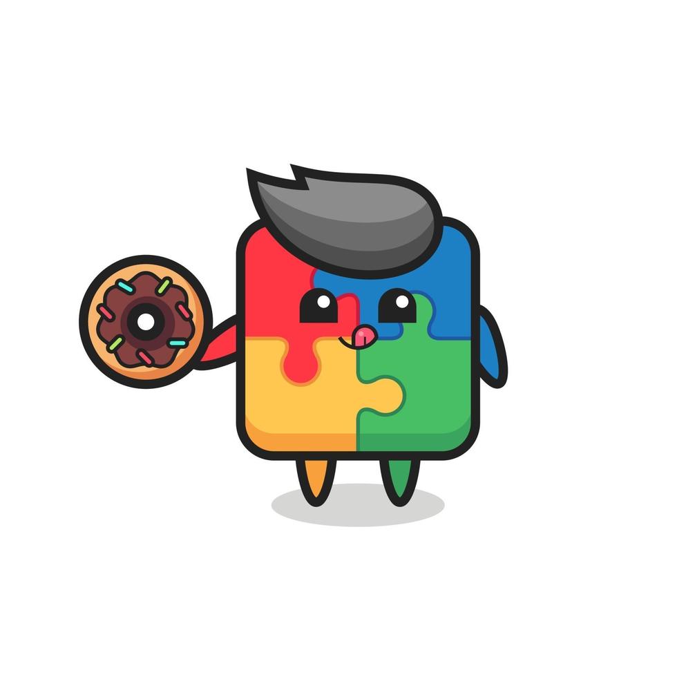 illustration of an puzzle character eating a doughnut vector