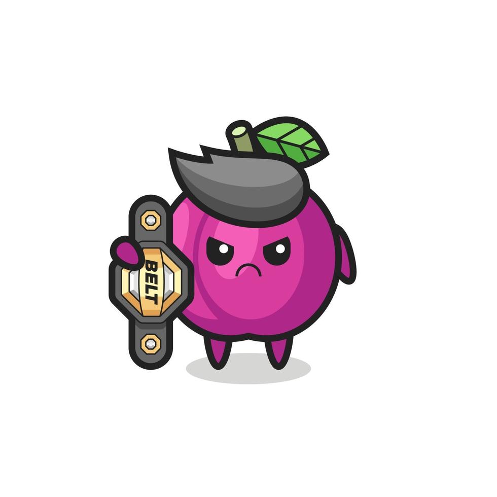 plum fruit mascot character as a MMA fighter with the champion belt vector