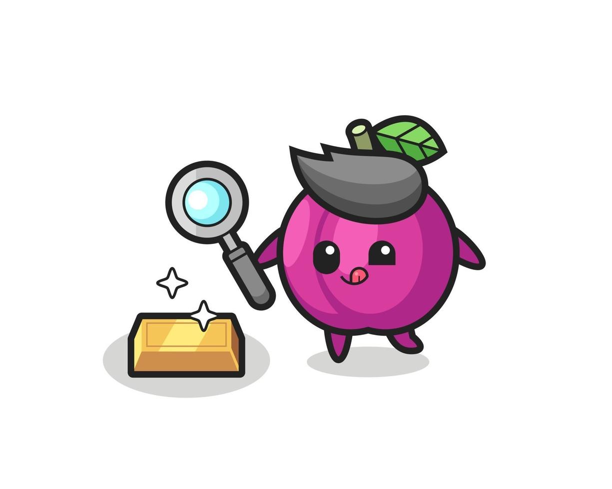 plum fruit character is checking the authenticity of the gold bullion vector