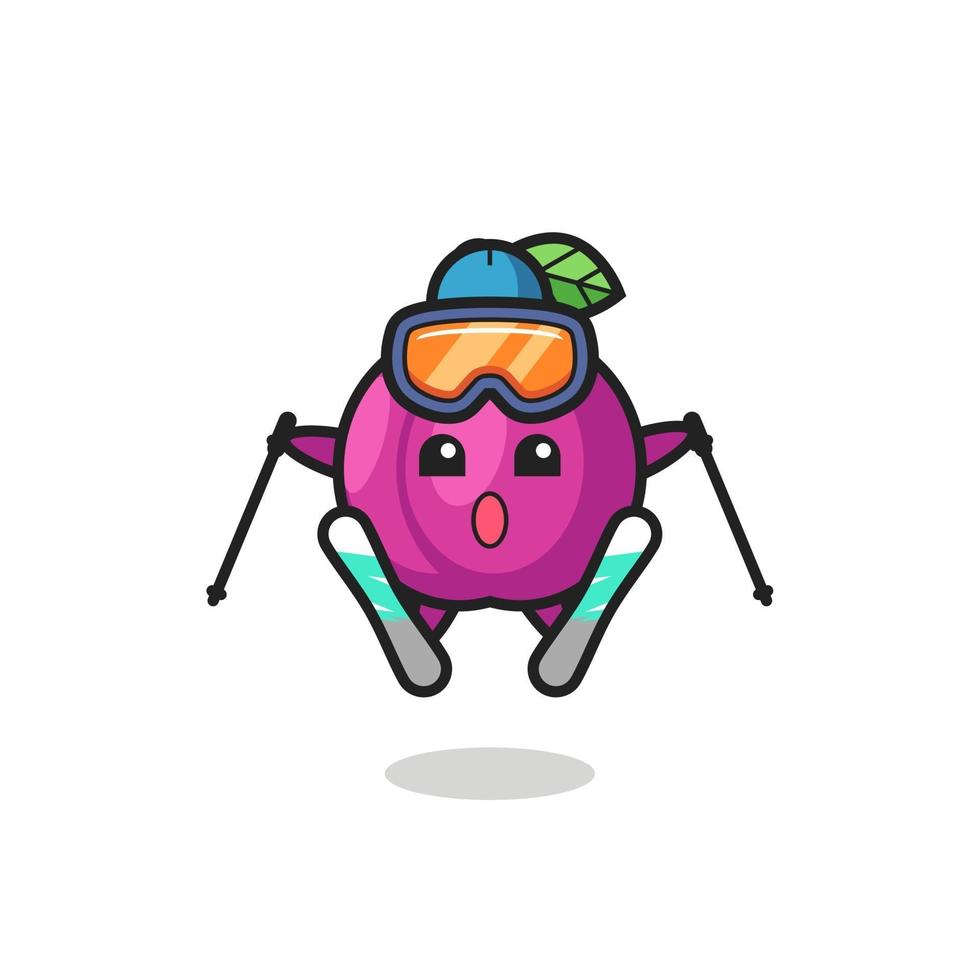 Personaje de mascota de ciruela como jugador de esquí. vector