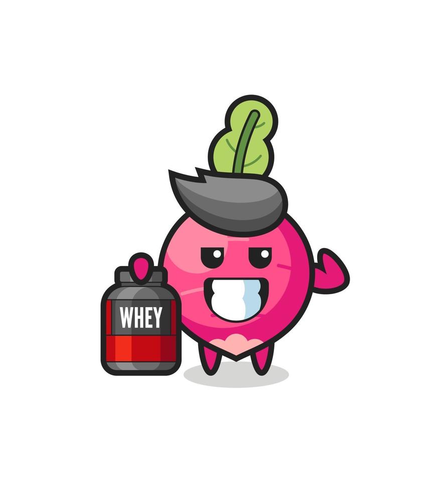 the muscular radish character is holding a protein supplement vector