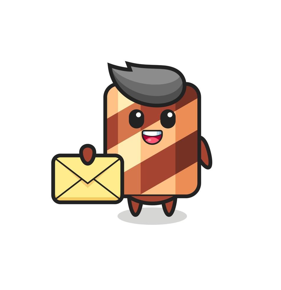 cartoon illustration of wafer roll holding a yellow letter vector