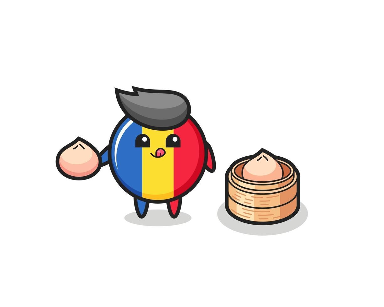 cute romania flag badge character eating steamed buns vector