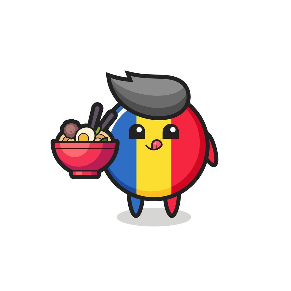 lindo personaje de insignia de la bandera de rumania comiendo fideos vector