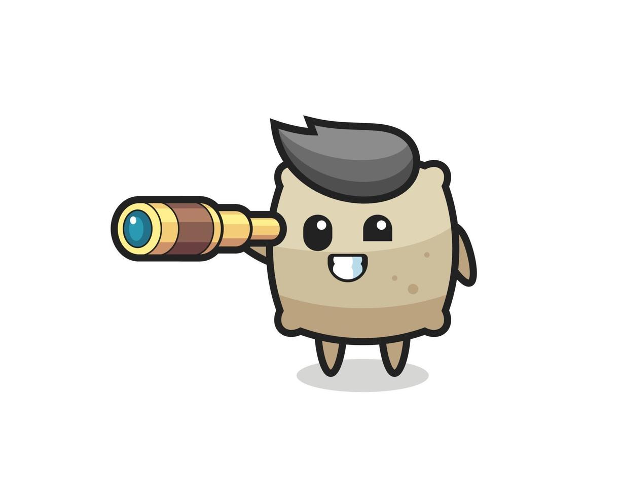 cute sack character is holding an old telescope vector
