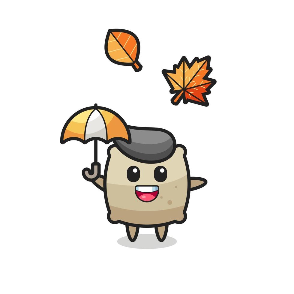 caricatura del lindo saco sosteniendo un paraguas en otoño vector
