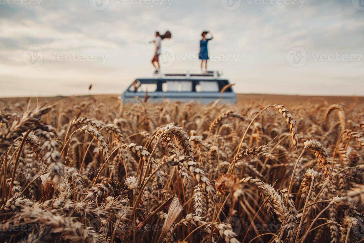 Man with a guitar and woman standing on roof of a car in a wheat field photo