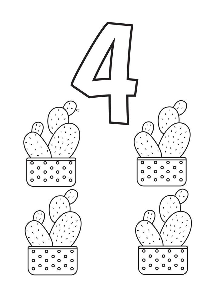 four cacti preschool education printable numbers coloring pages vector