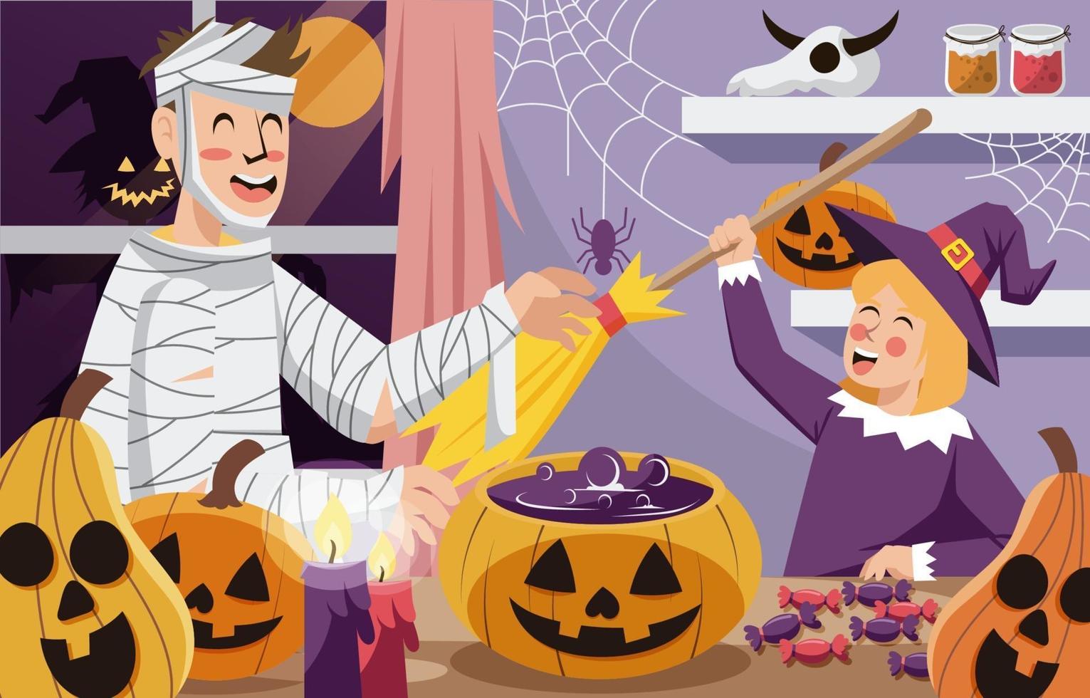 Happy Dad and Daughter Preparing Halloween Party vector