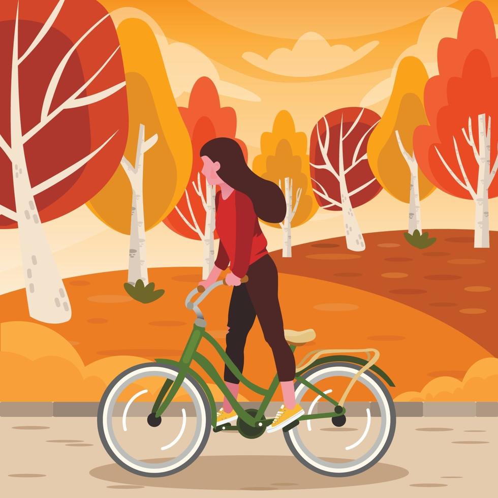 Woman Rides a Bike at Park in Autumn vector