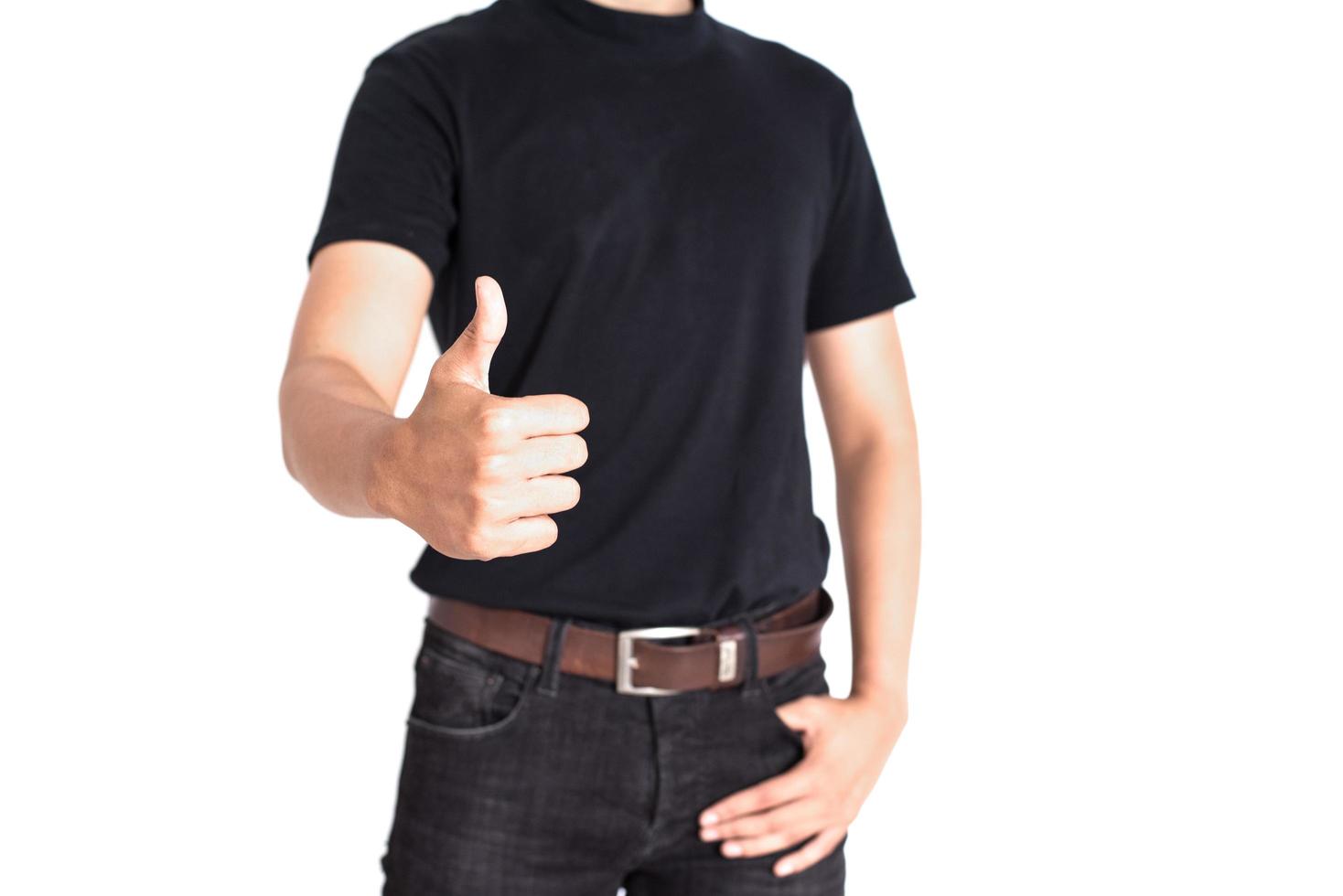 Man give thumbs up on isolated white background photo