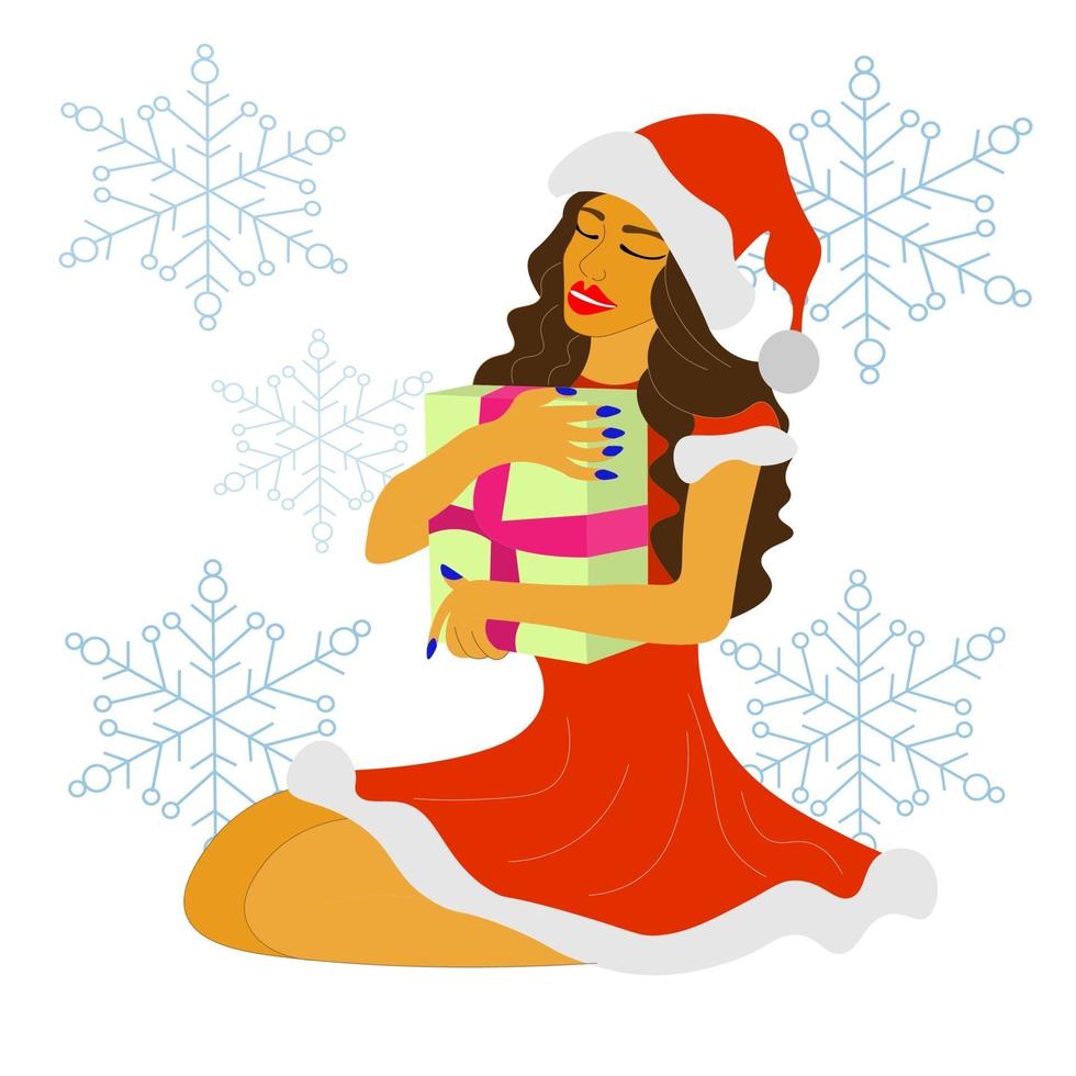 girl in red festive dress, holding gifts, surprises. snowflakes vector