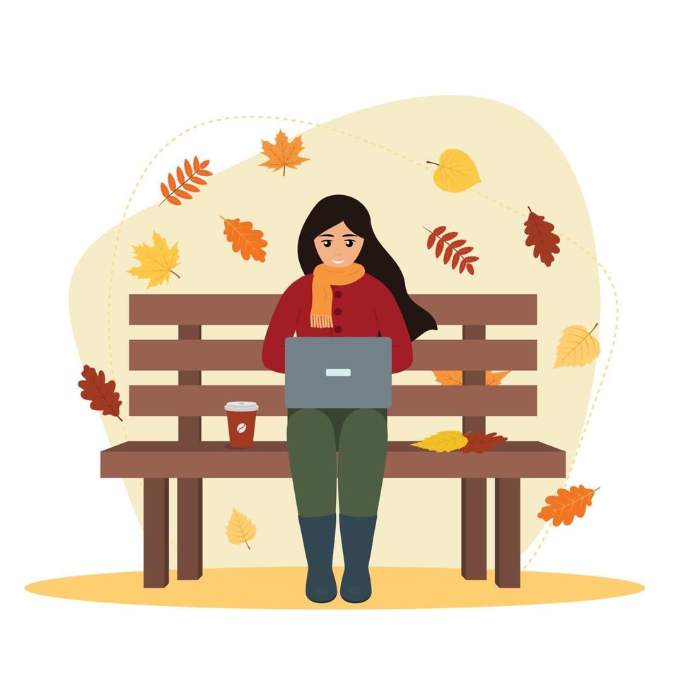 Freelancer with Laptop Sitting on Bench in Autumn vector