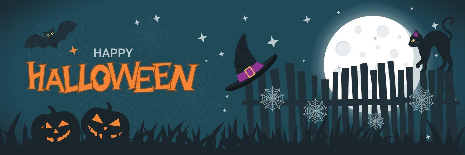 banner de halloween con luna llena, gato negro y calabazas vector