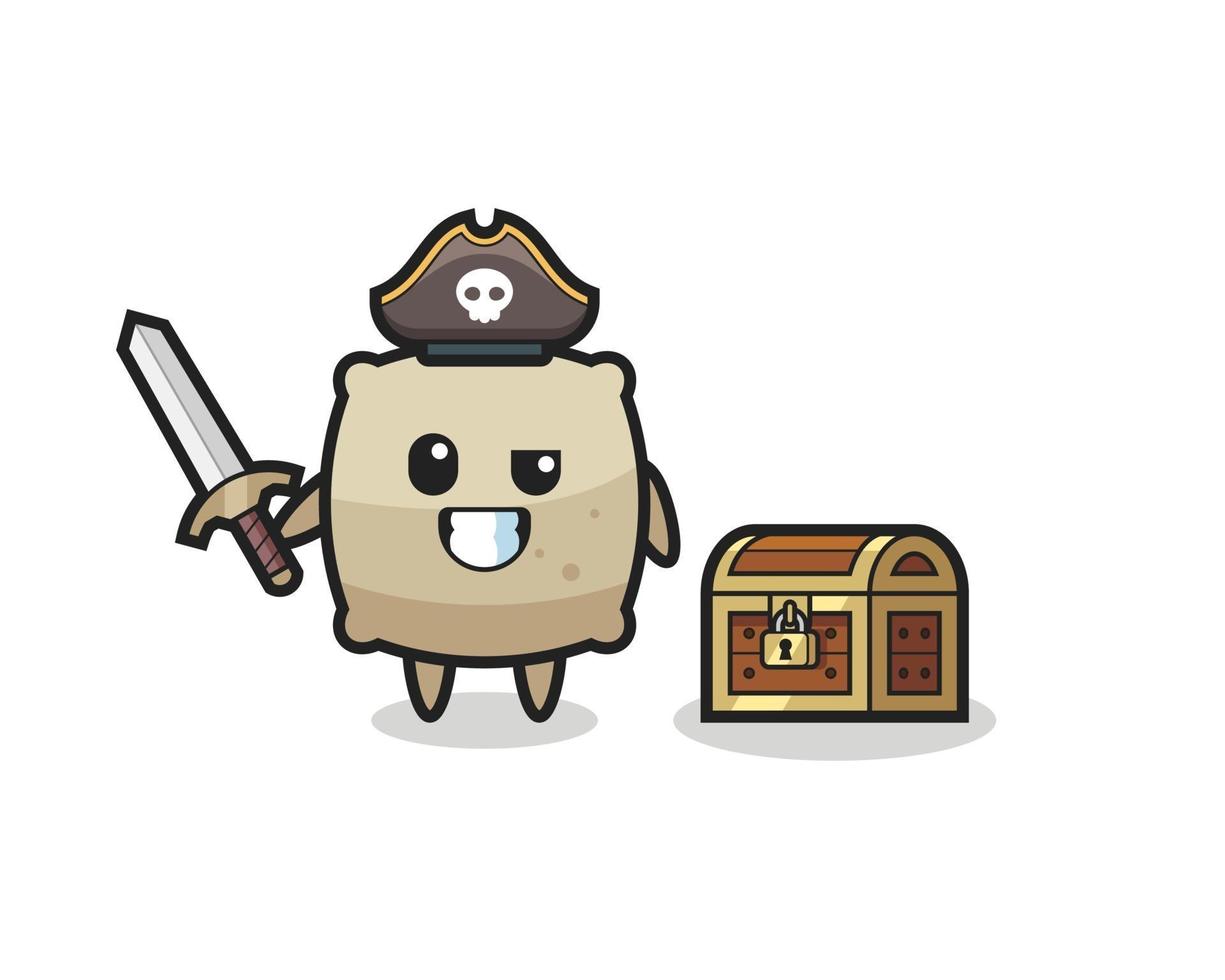 el personaje pirata saco sosteniendo la espada al lado de un cofre del tesoro vector