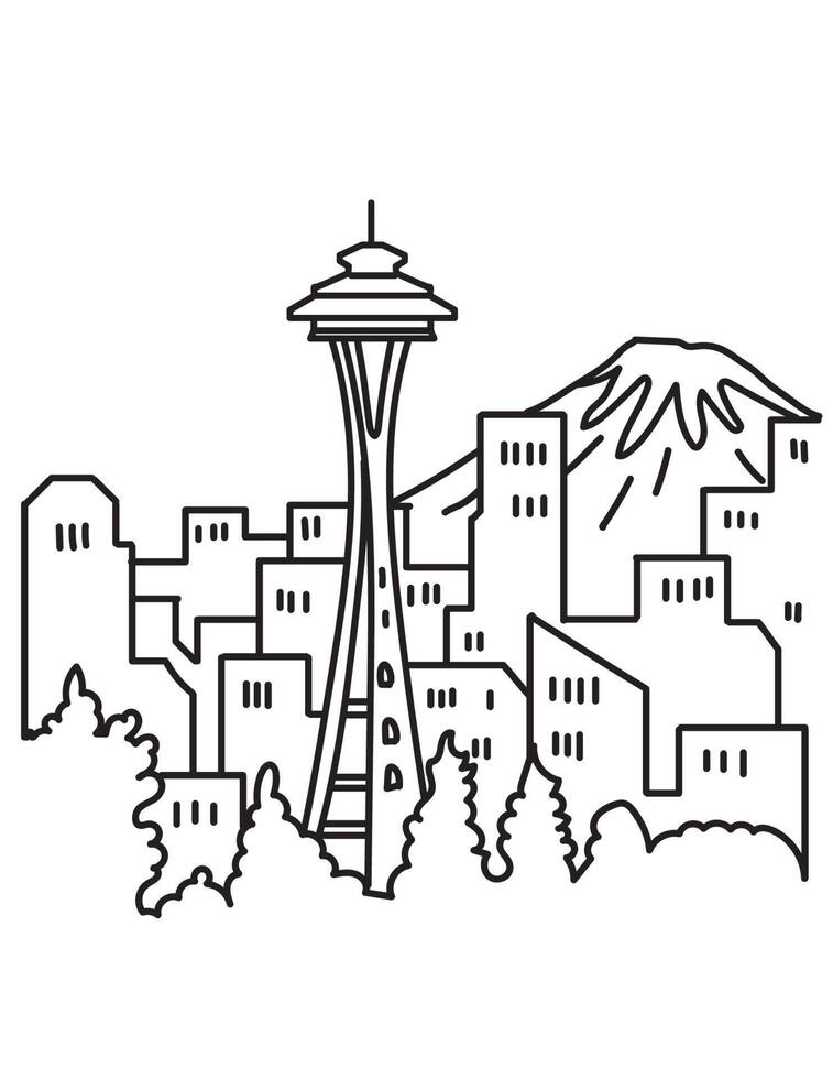 Seattle City Skyline with Space Needle Mount Rainier USA Mono Line Art vector