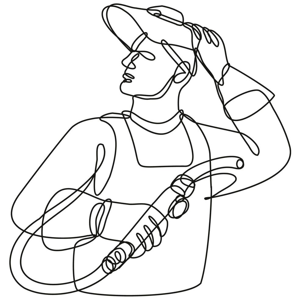 Soldador con visera sosteniendo soplete de soldadura dibujo de línea continua vector