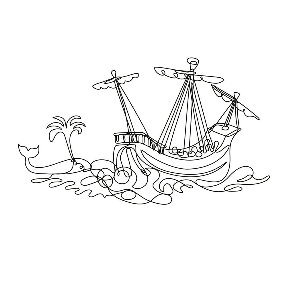 Galleon or Tall Ship Sailing with Whale Continuous Line Drawing vector