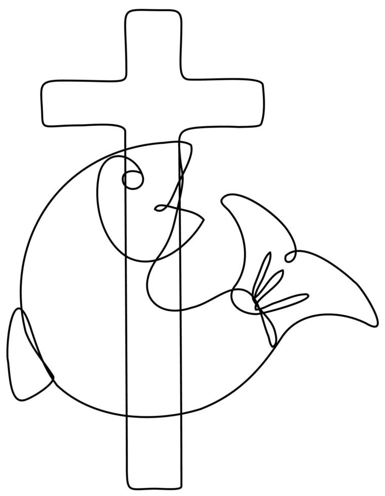 Fish and Cross Symbol of Christianity Continuous Line Drawing vector