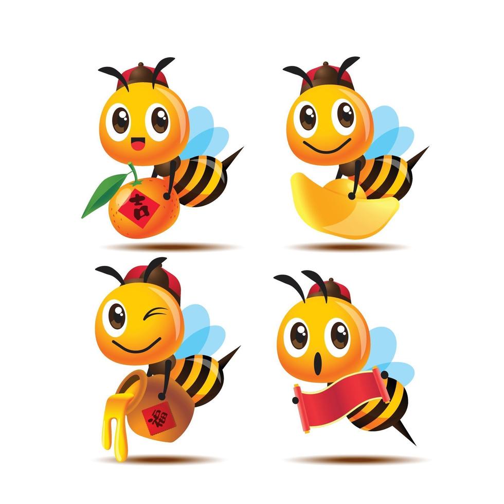 abeja linda de dibujos animados con traje tradicional chino vector